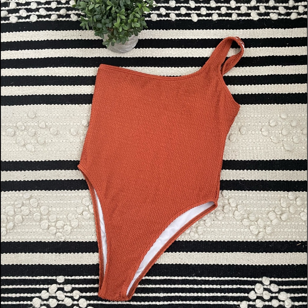 Rust Orange Ribbed One Shoulder One Piece